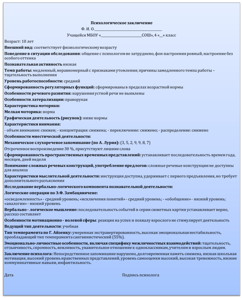Заключение психолога по результатам психологического обследования
